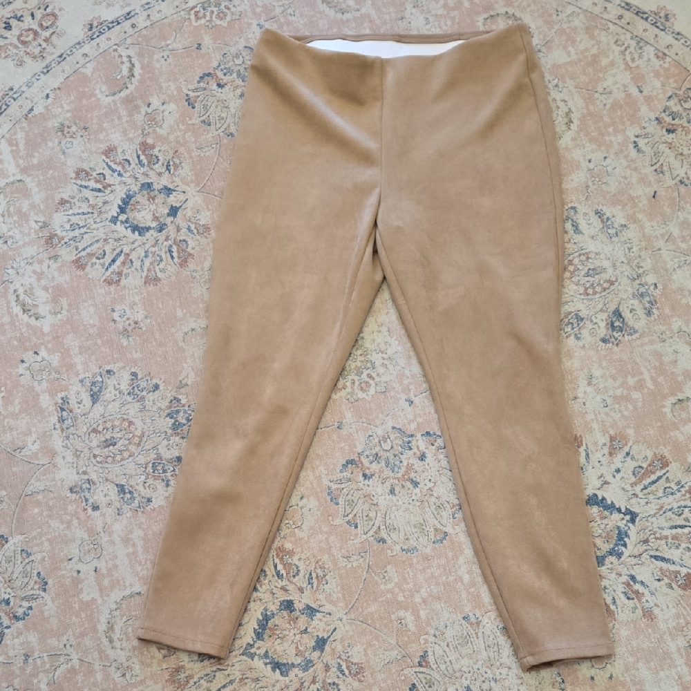 Chico's Faux Suede Camel Brown Skinny Stretch Pants Pull On Style Sz LG-2R Chico